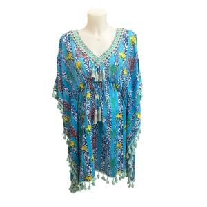 Debbie Katz Gigi Multicolored Aqua Boho Chic Resort Wear Tunic Cover Up sz M NEW